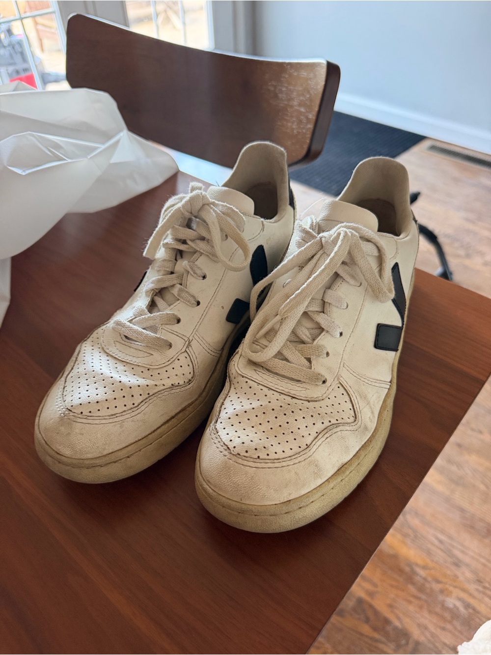 Veja Cream Leather Sneakers with Black V Logo